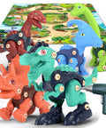Five Dino Building Set For Kids With STEM Learning Build Your Own Tyrannosaurus Rex Triceratops on play mat with drill tool