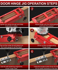 Pro Grade Aluminum Door Hinge Jig and Adjustable Mortise Router Template showing operation steps for clean mortise cutting.