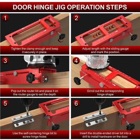 Pro Grade Aluminum Door Hinge Jig and Adjustable Mortise Router Template showing operation steps for clean mortise cutting.