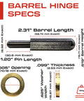5 Inch Weldable Bullet Hinge Heavy Duty Teardrop Barrel Hinge With Grease Zerks dimensions showing pin width and barrel length.
