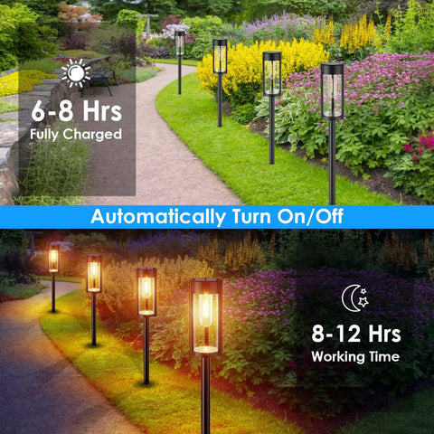 Solar Pathway Lights 6 Pack IP65 Waterproof Outdoor Decorative Garden Lights With Auto On Off, day and night view