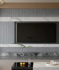 Living room with PVC Slat Wall Panel Peel And Stick Self Adhesive Wallpaper 3D Tiles in blue with faux wood grain around TV