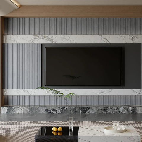 Living room with PVC Slat Wall Panel Peel And Stick Self Adhesive Wallpaper 3D Tiles in blue with faux wood grain around TV