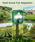 Solar Ultrasonic Animal Repeller 2 Pack With Motion Sensor And Flashing Lights Waterproof Outdoor Pest Deterrent For Deer Cats Dogs Raccoons Squirrels On Lawns Gardens Patios, green stake-mounted unit