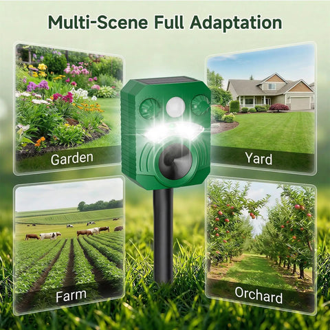 Solar Ultrasonic Animal Repeller 2 Pack With Motion Sensor And Flashing Lights Waterproof Outdoor Pest Deterrent For Deer Cats Dogs Raccoons Squirrels On Lawns Gardens Patios, green stake-mounted unit