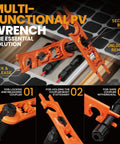 Multi-functional PV wrench for solar connector crimping tool kit, showing locking, securing, and removal process.