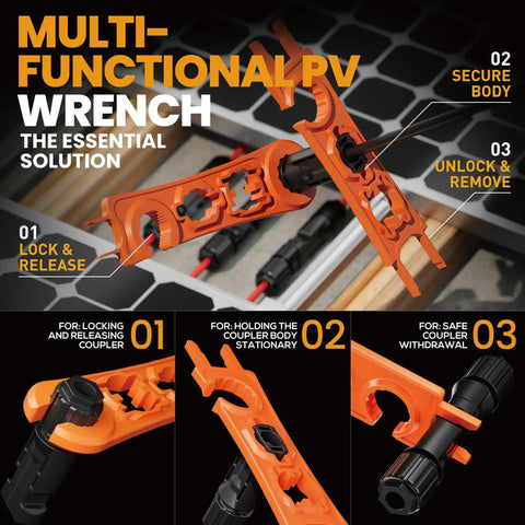 Multi-functional PV wrench for solar connector crimping tool kit, showing locking, securing, and removal process.