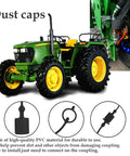 Front view of tractor; 2-set black PVC dust caps and female plug covers for 1/2-inch ISO A hydraulic quick disconnects.