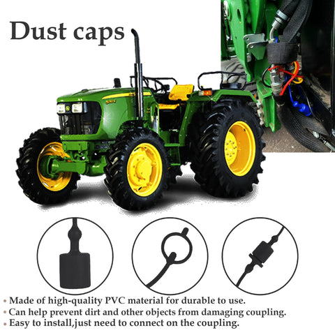 Front view of tractor; 2-set black PVC dust caps and female plug covers for 1/2-inch ISO A hydraulic quick disconnects.