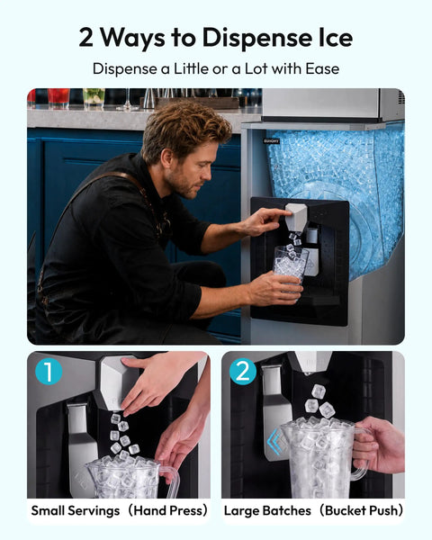 Pro-Level Commercial Icemaker Drops Heavy Cubes Quick With A Slick SECOP Motor And Zero Hassle Storage Bin, showing two dispensing methods.