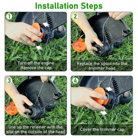 Installation steps for 10 Pack Weed Eater Spool Replacements For Black And Decker AF-100 And AF Series Trimmers, showing spool insertion
