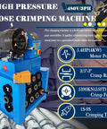 Pro Grade Electric Hydraulic Hose Crimping Machine With 13 Piece Die Set For 0.55 To 2.72 Inch Tubing Includes Foot Switch And 480 Volt 3 Phase Motor for heavy duty usage.
