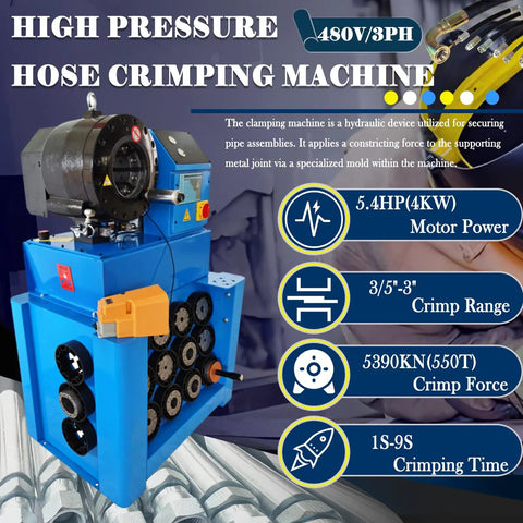 Pro Grade Electric Hydraulic Hose Crimping Machine With 13 Piece Die Set For 0.55 To 2.72 Inch Tubing Includes Foot Switch And 480 Volt 3 Phase Motor for heavy duty usage.
