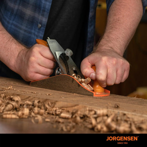 Wood hand plane, Jorgensen No.4 10-in, orange handle used to smooth wood
