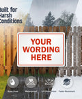 Custom Metal Sign 10x14 Inches For Outdoor Use Tough As Nails No Rust Weatherproof 40 Mil Laminated Aluminum Sign For Home Office Bar Airbnb Delivery Wedding Name Made In USA displaying customizable text in a weatherproof setting with rain and snow illustration.