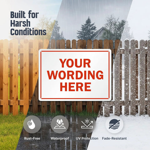 Custom Metal Sign 10x14 Inches For Outdoor Use Tough As Nails No Rust Weatherproof 40 Mil Laminated Aluminum Sign For Home Office Bar Airbnb Delivery Wedding Name Made In USA displaying customizable text in a weatherproof setting with rain and snow illustration.
