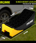 Heavy Duty RV Camper Levelers 6 Inch Two Pack Wheel Chock Ramp with Honeycomb Grip Anti Slip Base in front of RV tire