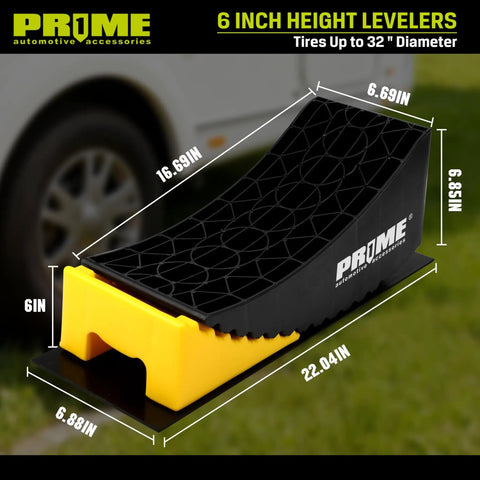 Heavy Duty RV Camper Levelers 6 Inch Two Pack Wheel Chock Ramp with Honeycomb Grip Anti Slip Base in front of RV tire