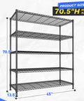 Rock Solid Heavy Duty 5 Tier Wire Shelving Rack 45 Inches Wide Adjustable Storage Organizer Carrying Up To 1000 Pounds showing dimensions 70.5H x 45W x 13.5D.