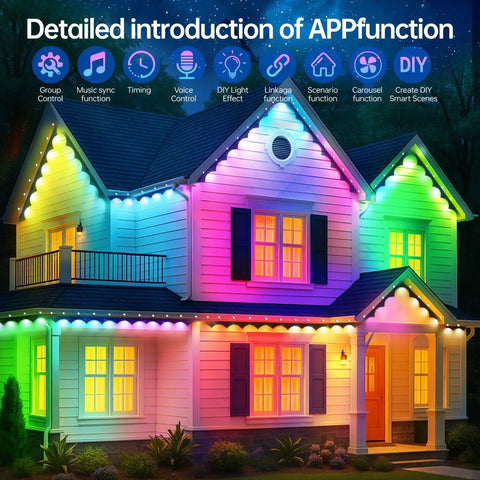 60-Foot Waterproof LED Outdoor String Lights With Shatterproof Bulbs illuminating a house in colorful patterns