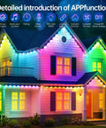 Colorful house illuminated with 200 Ft Outdoor String Lights 4 Pack 50 Ft Each Waterproof Shatterproof LED Bulbs at night