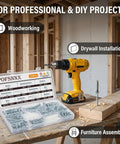 Top Shelf Carbon Steel Wood Screws Assortment Kit With Zinc Plated Finish And Drywall Anchors and cordless drill on a work surface.