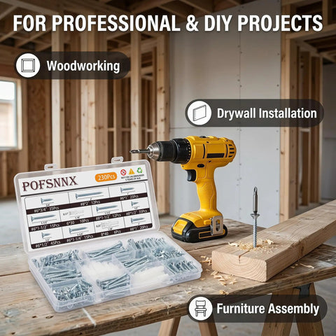 Top Shelf Carbon Steel Wood Screws Assortment Kit With Zinc Plated Finish And Drywall Anchors and cordless drill on a work surface.