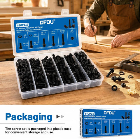 Massive M6 Flange Bolts Kit 440Pcs Black Zinc Plated Hex Flange Head Screws Set With Nuts And Washers displayed in a storage case