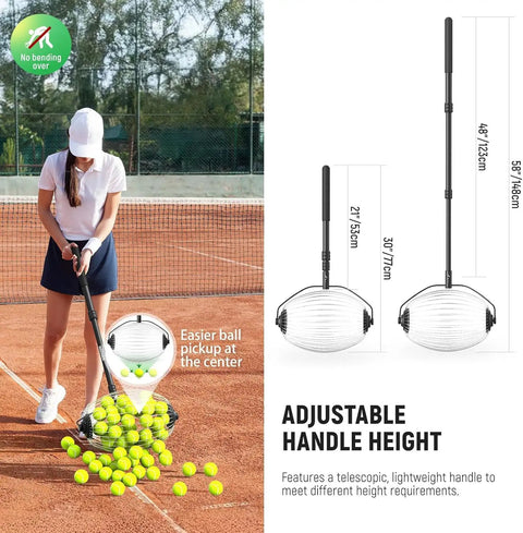 Player using Tennis Ball Pickleball Roller Collector No Bending Over Quick Roll Up For 1.5 To 3 Inch Balls Telescopic 30 To 58 Inch