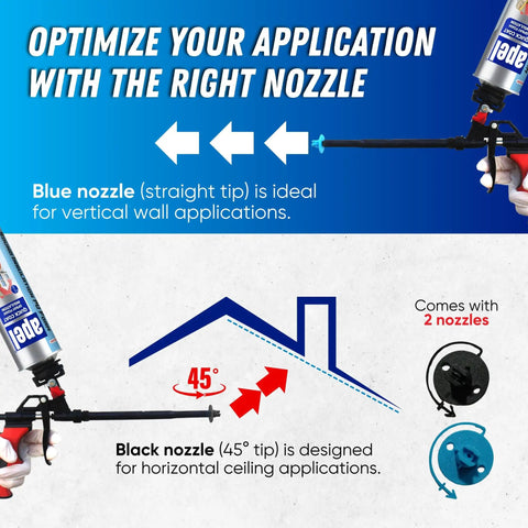 Instructional image showing nozzle types for Spray Foam Insulation Kit With 12 Cans, Self Expanding Polyurethane Foam For Heat And Acoustic Insulation.