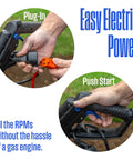 18 Inch Corded Electric Tiller Cultivator With 15 Amp Power showing plug-in and push start features for easy operation