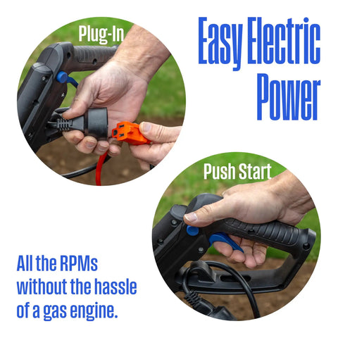 18 Inch Corded Electric Tiller Cultivator With 15 Amp Power showing plug-in and push start features for easy operation