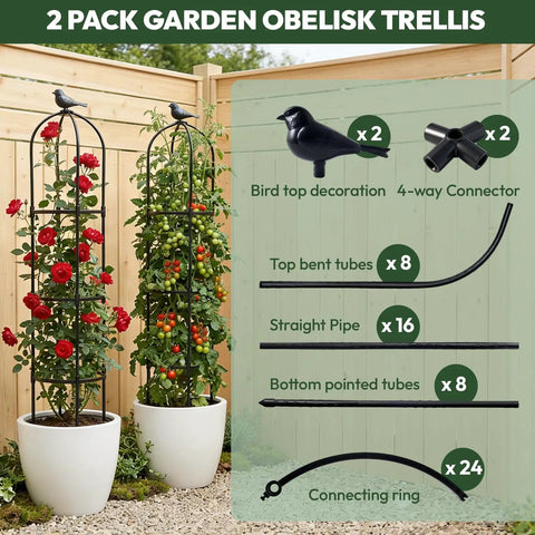 Two Pack Garden Obelisk Trellis For Climbing Plants 6 Foot Adjustable Height Built Tough Steel Core Plant Supports with accessories