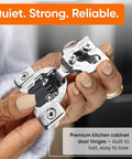 Hands holding Soft Close Cabinet Hinges 1/2 Inch Overlay For Face Frame Kitchen Cabinets, stainless steel, close view