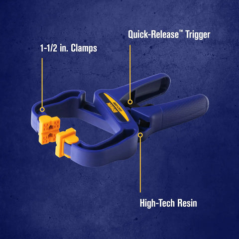 Quick-Grip Handi-Clamp One And A Half Inch One-Handed Clamp For Heavy Construction shown with labeled features