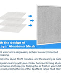 Close-up of mesh range hood filter with 3-layer aluminum, focusing on easy fit and cleaning instructions.