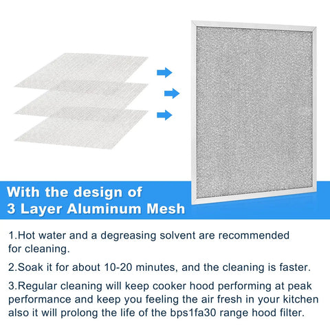 Close-up of mesh range hood filter with 3-layer aluminum, focusing on easy fit and cleaning instructions.