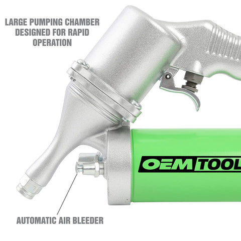 Close-up of Beefy Heavy Duty Pneumatic Grease Gun With 6000 PSI showing aluminum pump head and large chamber