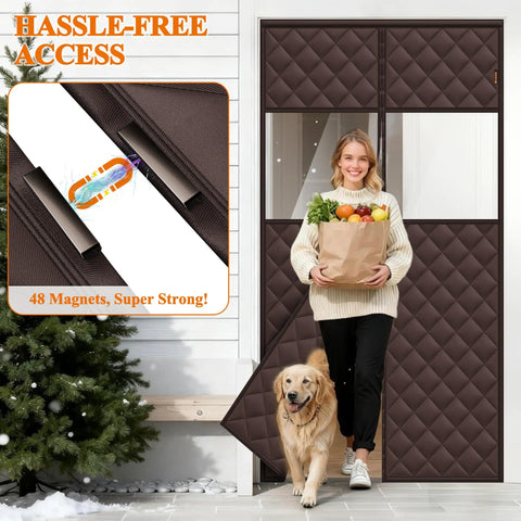 Magnetic Thermal Door Curtain With Perspective Window 36 By 80 Inches Oxford Fabric With Thick Cotton Fill in use, brown color.