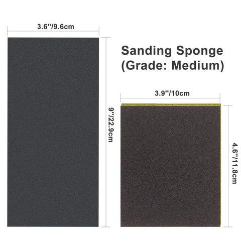 Wet Dry Sandpaper Set With Sanding Sponge, 90-Piece Assorted Grit 400 to 3000, showing dimensions of sheets and sponge
