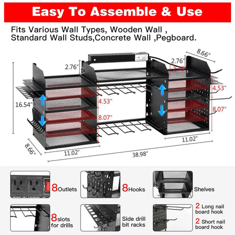 Garage Grade Heavy Duty Wall Mount Power Tool Organizer With Charging Station, 39 inch steel tool rack with outlet strip