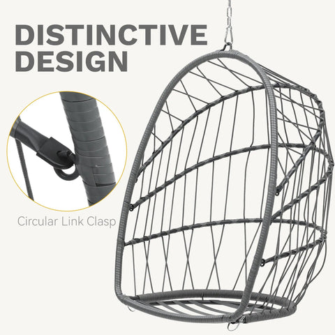 Gray Egg Chair With Stand For Indoor And Outdoor Use, Hanging Rattan Wicker Swing Chair With Cushion, metal frame detail.