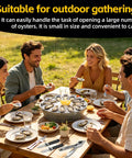 Friends enjoying oysters at a picnic table with Stainless Steel Handheld Oyster Shucking Kit With Pro Grade Shucker Two Oyster Shucking Knives And Cut Resistant Gloves For Safe Fast And Effortless Oyster Prep At Home nearby.