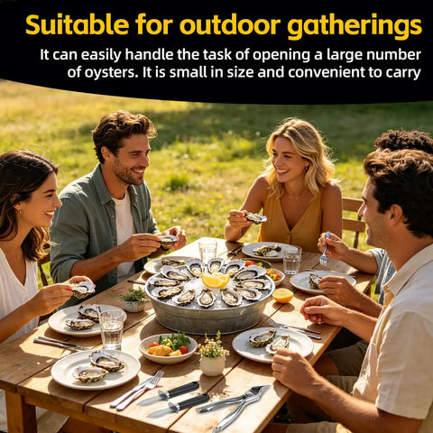Friends enjoying oysters at a picnic table with Stainless Steel Handheld Oyster Shucking Kit With Pro Grade Shucker Two Oyster Shucking Knives And Cut Resistant Gloves For Safe Fast And Effortless Oyster Prep At Home nearby.