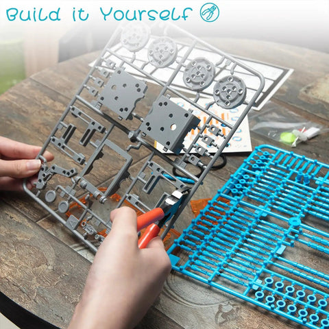 14-In-1 Solar Powered Robot Kit For Kids A Hands On STEM Building Toy With Gears Wheels Shafts And Plates Create 14 Robots From Beginner To Advanced From Wagging Tail Dog To Running Beetle And Walking Crab assembled gray plastic sprues and blue parts