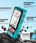 P9 Outdoor Laser Measuring Tool With 4X Zoom Camera Viewfinder High Accuracy Distance Meter For Contractors And DIY Enthusiasts Durable Fast Powerburst PowerChirp Tech For Tough Outdoor Jobs, teal handheld meter with color display