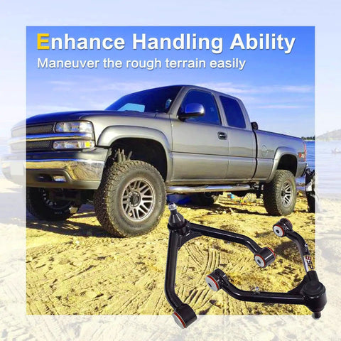 Upper Control Arms Kit For Beefed-Up 2-4 Inch Lift With Tubular Ball Joints And Alpha Chromoly Joints, Maintenance Free Thermofuse Bushings, Hardware Included, Fits 1999-2006 Silverado 1500 Sierra 4WD 4X4 6-Lug, Pair, lifted truck shown