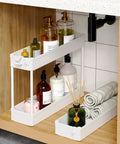 Slim 3 Tier Rolling Storage Cart With Removable Shelves, The Ultimate Space Saver For Kitchen, Bathroom, Laundry Or Office, A Compact Mobile Shelving Unit That Slips Into Narrow Spaces, White, shown under sink with bottles and towels on shelves