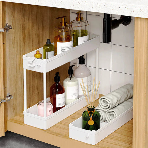 Slim 3 Tier Rolling Storage Cart With Removable Shelves, The Ultimate Space Saver For Kitchen, Bathroom, Laundry Or Office, A Compact Mobile Shelving Unit That Slips Into Narrow Spaces, White, shown under sink with bottles and towels on shelves
