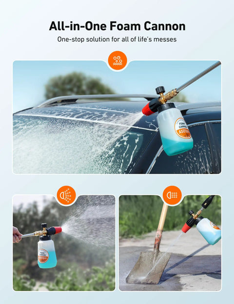 Heavy Duty Car Foam Cannon With Wide Neck Adjustable Snow Lance spraying foam from pressure washer on car and driveway